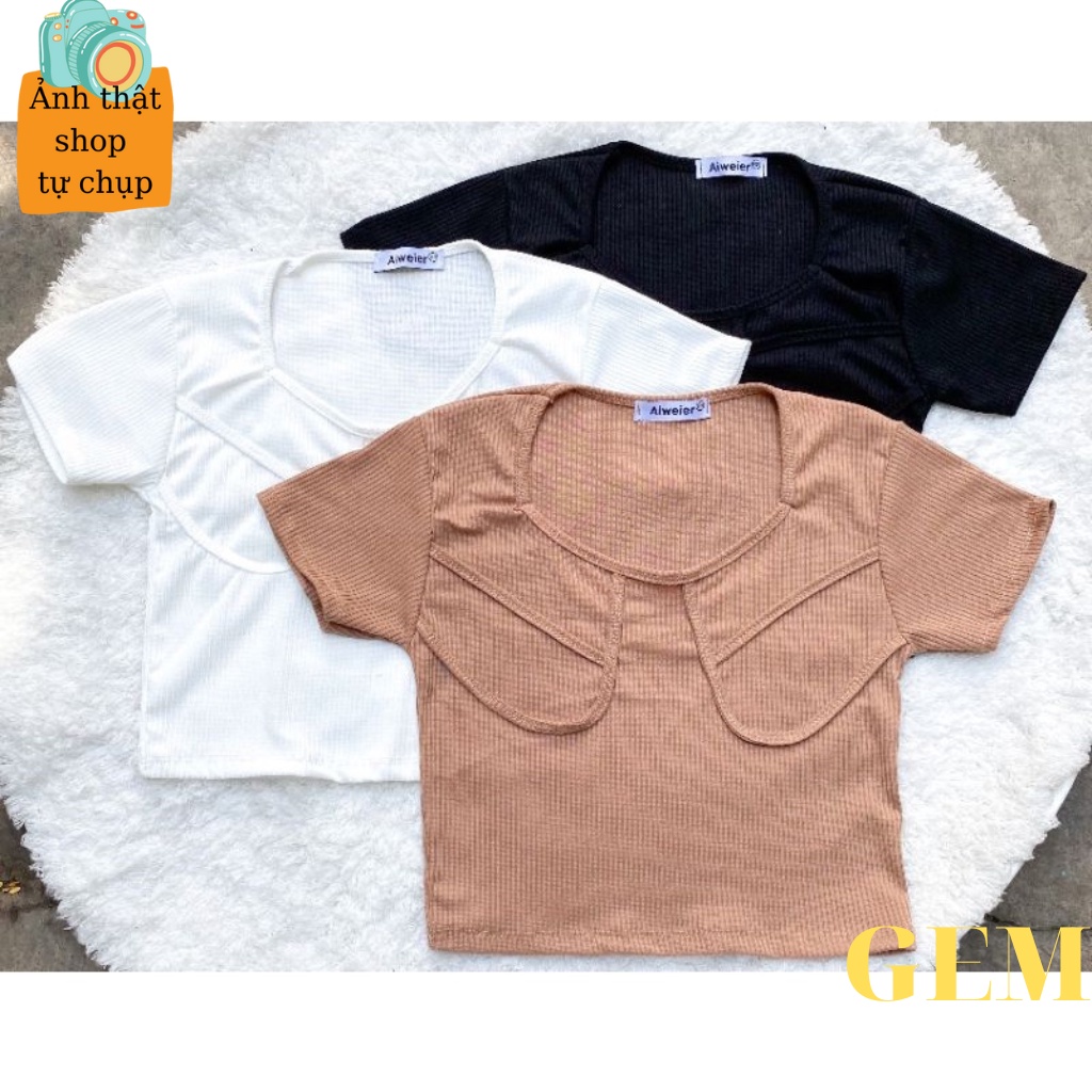 Áo croptop tay ngắn cổ vuông kiểu viền ngực sexy , áo thun nữ thời trang