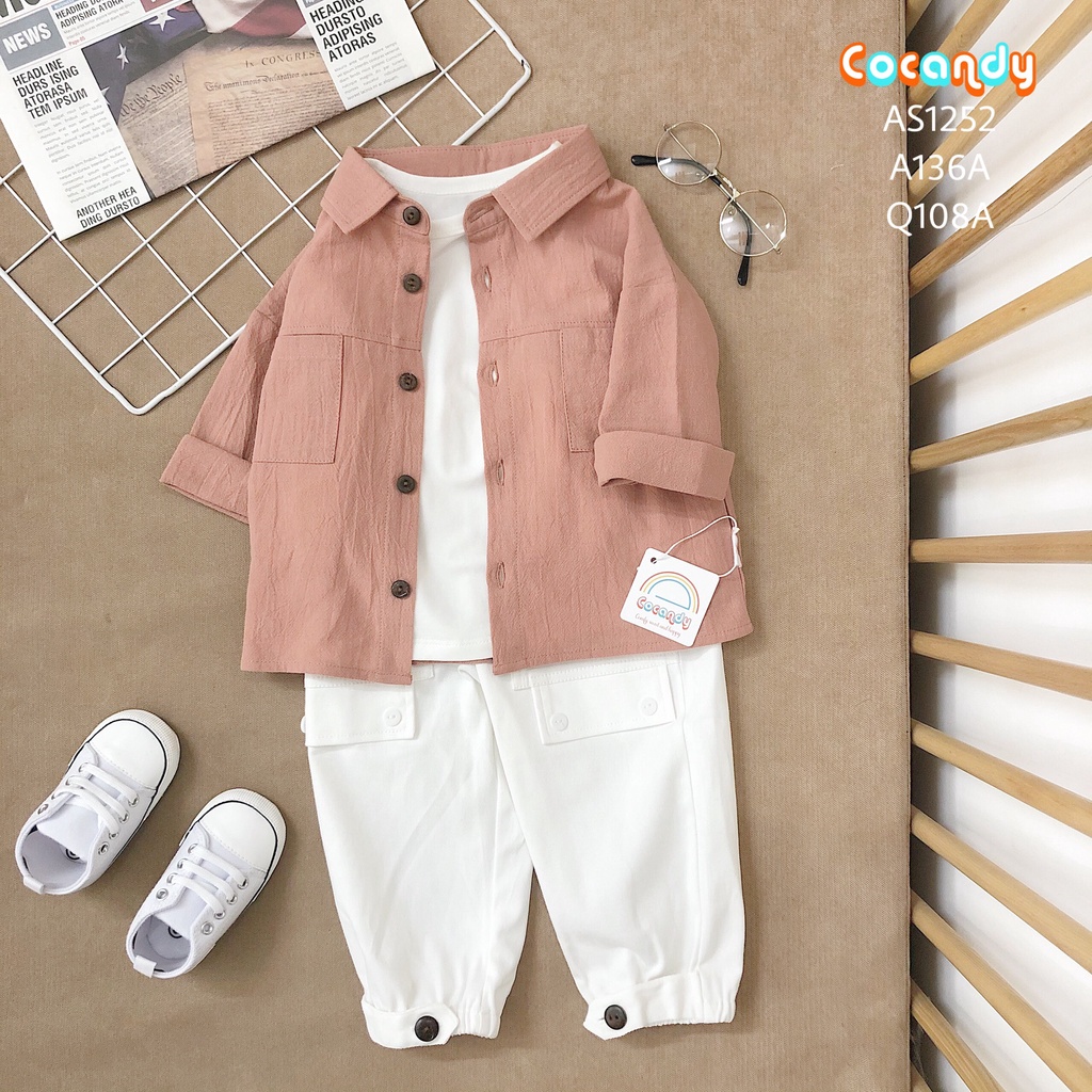 Set đồ cho bé -Áo sơ mi Hồng đất 2 túi và quần kaki trắng dài cho bé của COCANDYmã AS1252, A136A,Q108,Q1032