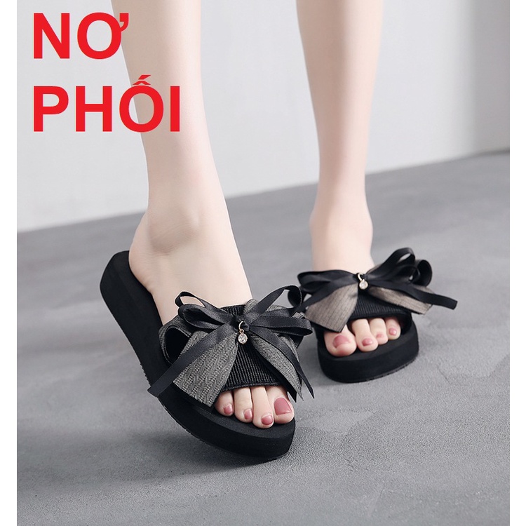 (MỚI 2022) Dép Nữ Quai Ngang Đính Nơ Chữ In Love Xinh Đế Chống Trượt Cao 3Cm