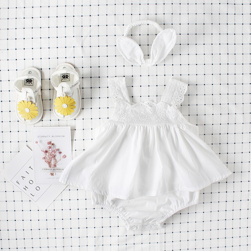 Đầm Công Chúa Không Tay 100% Cotton Cho Bé Gái baby girl sleeveless summer cotton princess romper dress + headband