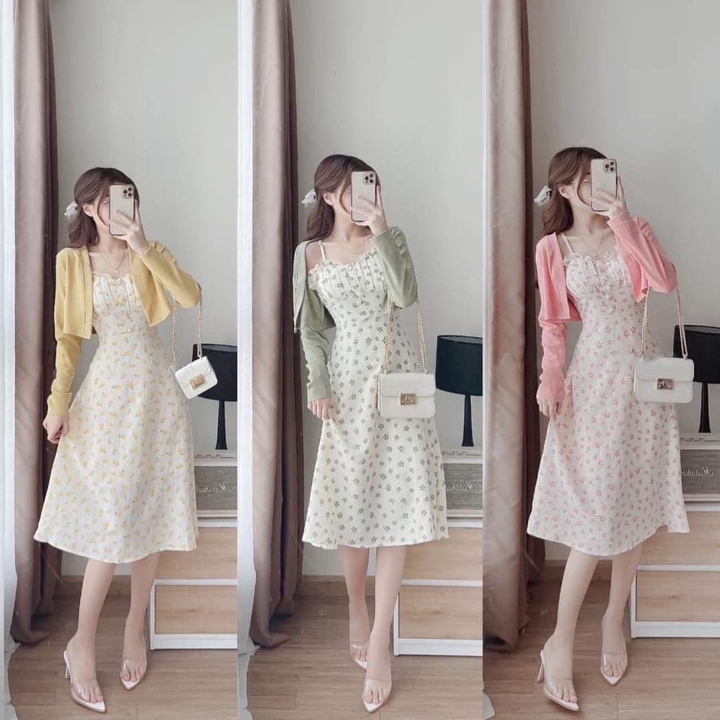 Set váy hoa nhí 2 dây nhún ngực kèm áo khoác cardigan, hàng hot trend tiktok - douyin ( có sẵn đỏ)
