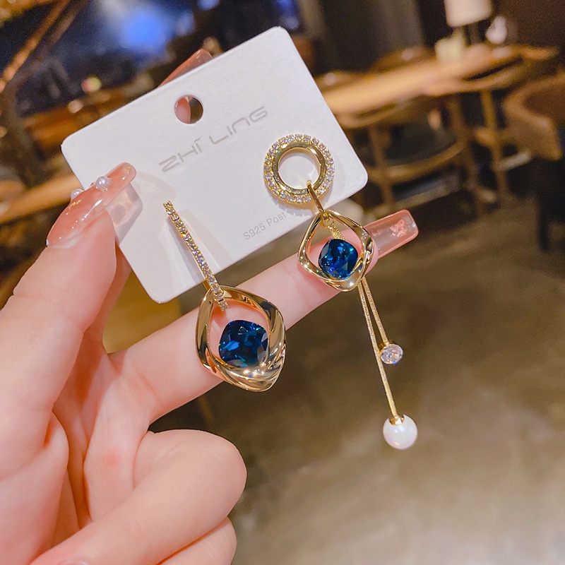 Bông Tai Mạ Bạc 925 Đính Đá Xanh Dương Phong Cách Hàn Quốc Thời Trang