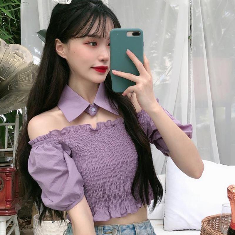 Áo Trễ Vai Màu Trơn Phong Cách Hàn Quốc Quyến Rũ Cho Nữ
