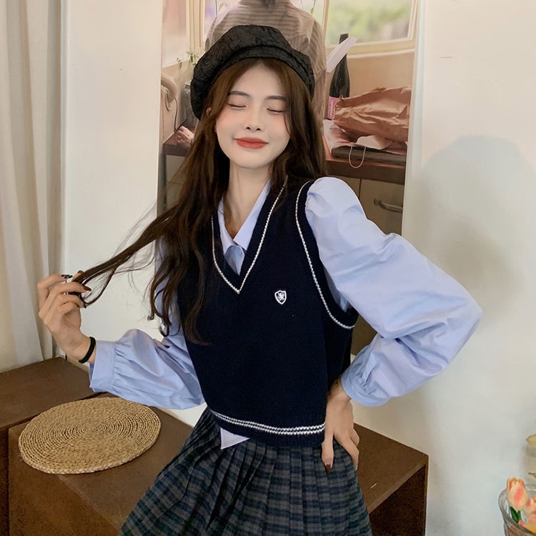 Mới Set Áo Sơ Mi Tay Dài + Áo Gile Dệt Kim Xinh Xắn Cho Nữ
