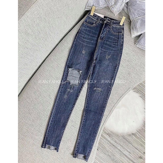 Quần jean bó skinny rách nhiều chất co giãn cạp cao hách dáng by Jean Fangu Cao cấp