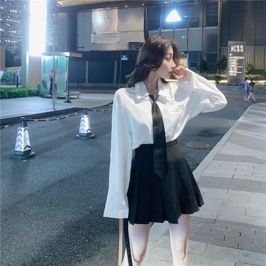 Set áo sơ mi nữ nữ sinh màu trắng tay dài có cà vạt + váy đen ngắn xếp li ulzzang