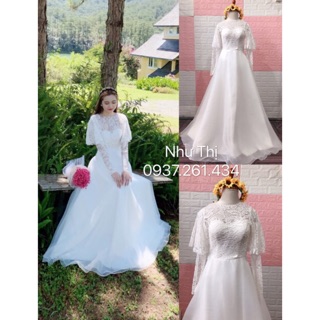 (nhận may theo size) đầm dạ hội cưới trắng tay dài váy xòe, đầm cô dâu đính hôn đám hỏi, đầm cô dâu kín đáo tay dà