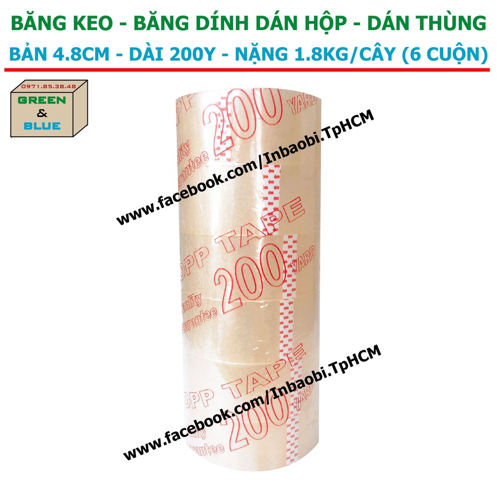 Băng keo trong dán hộp 200Y, Nặng 1.8kg/ cây, Dày 50 Mic, Bản 4F8, Băng keo dán thùng, băng keo giá rẽ, GreenBlueBox