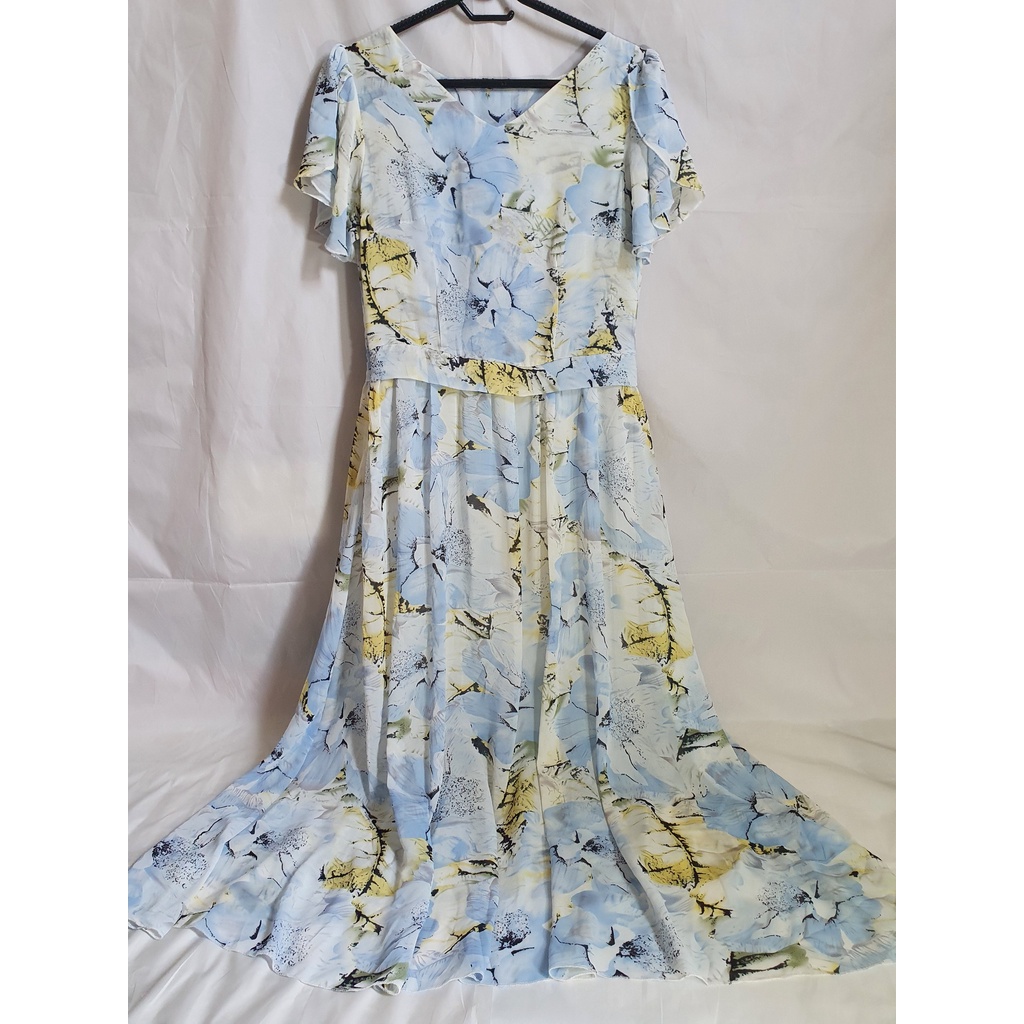 Váy hoa vintage tay cánh tiên ngắn màu xanh mát mắt Size M lớn Size L