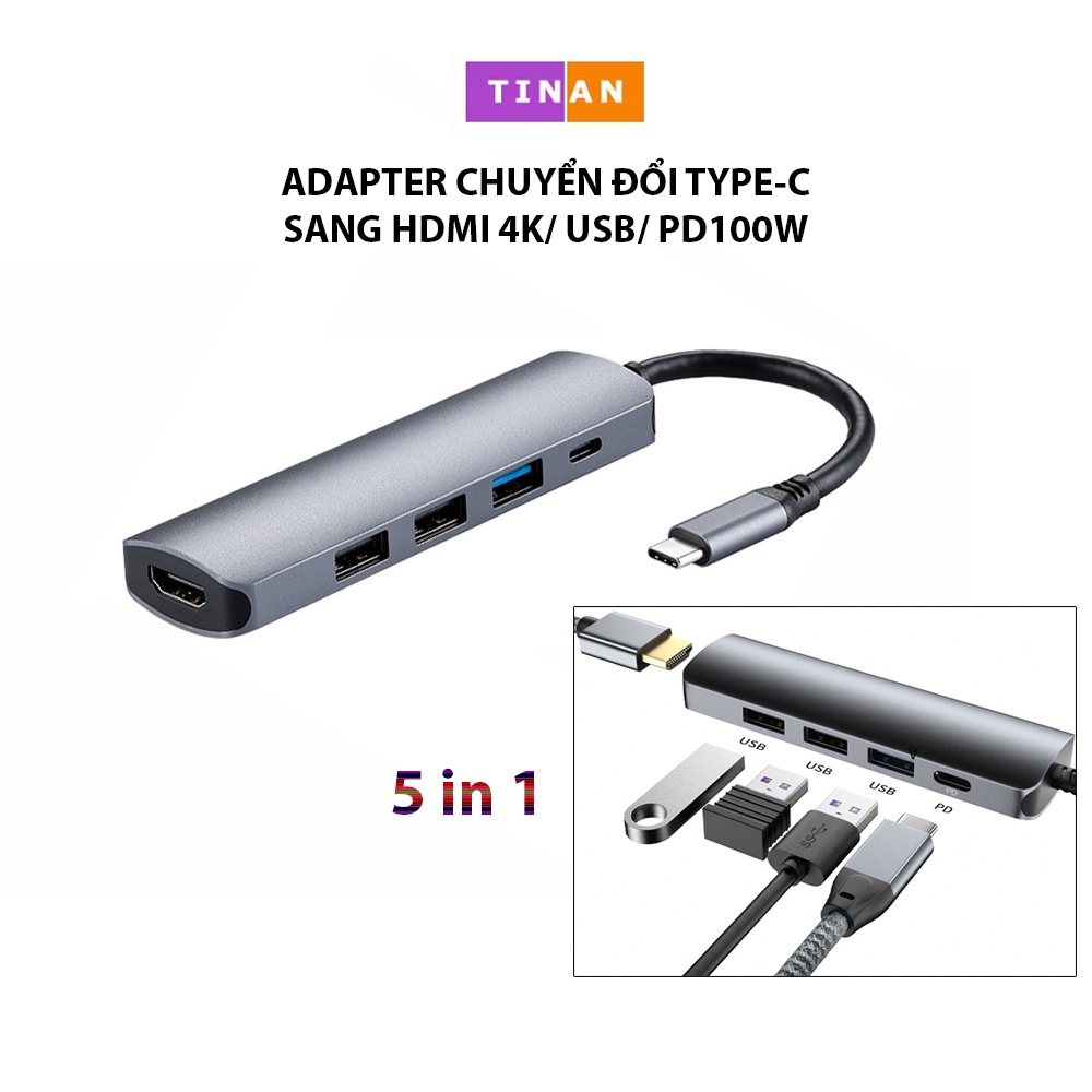 Bộ Adapter Chuyển Đổi TypeC Sang HDMI 4K/ USB/ PD100W, Dùng Cho Máy Tính, Điện Thoại