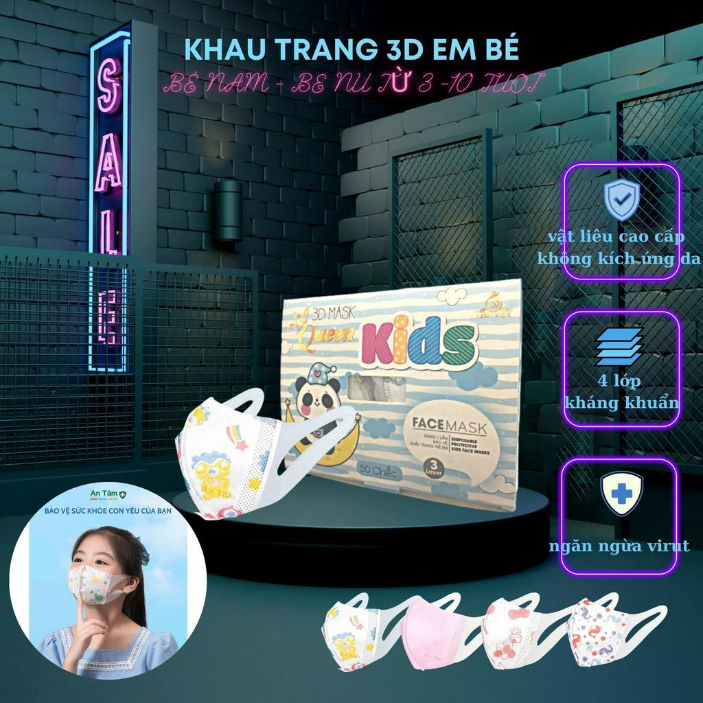 Khẩu trang y tế 3D Nhật Bản cho bé kháng khuẩn, chống tia UV - Chính Hãng QUEEN MASK - Hộp 50 cái