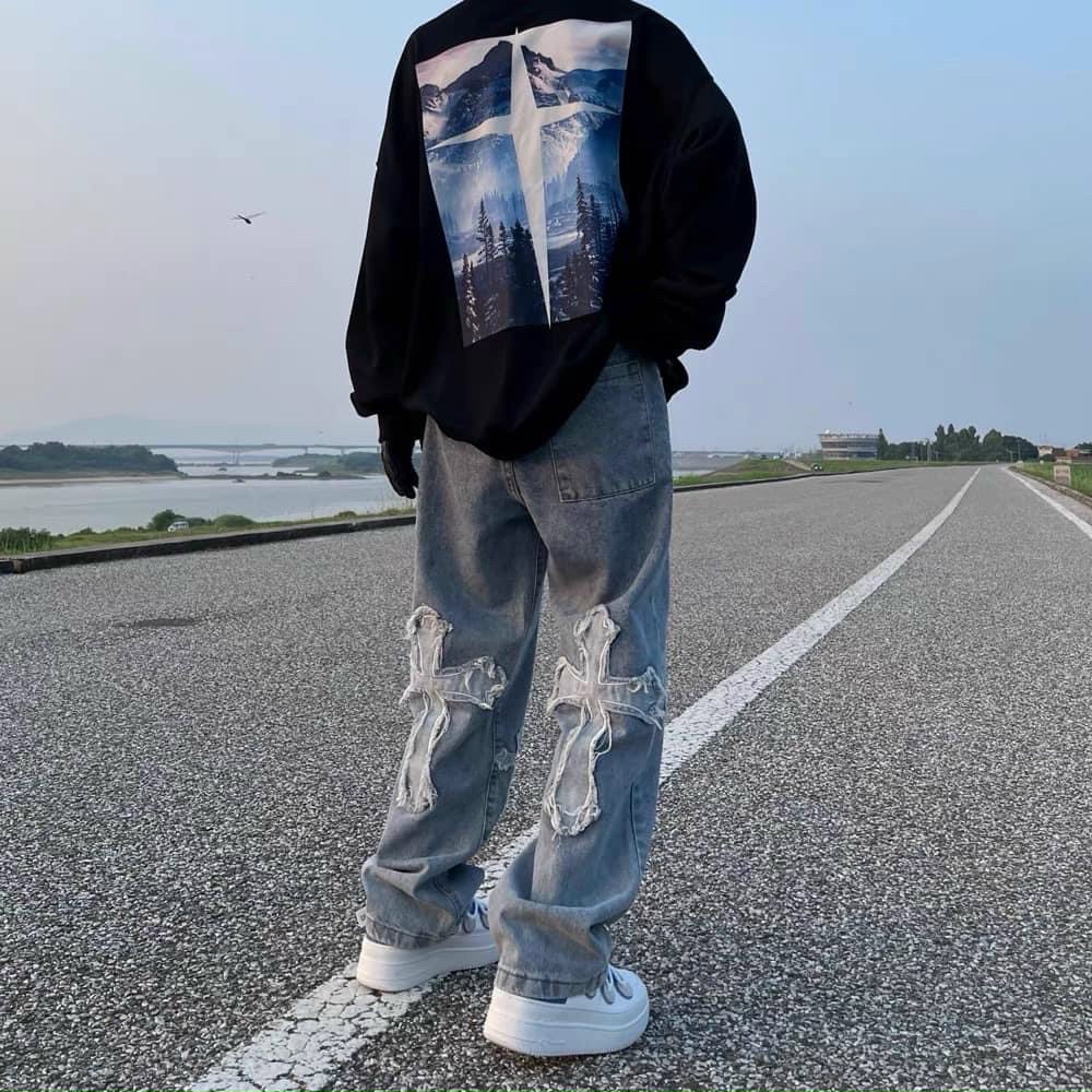 Quần Jean Chữ Thập Hình Thêu Unisex Nam Nữ Hàng Quảng Châu