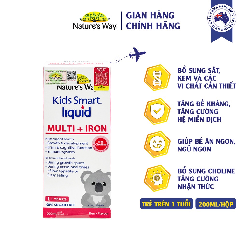 Siro Bổ Sung Sắt Và Multi Vitamin Cho Bé Nature's Way Kids Smart Liquid Multi + Iron Hỗ Trợ Tăng Đề Kháng Cho Bé 200ml