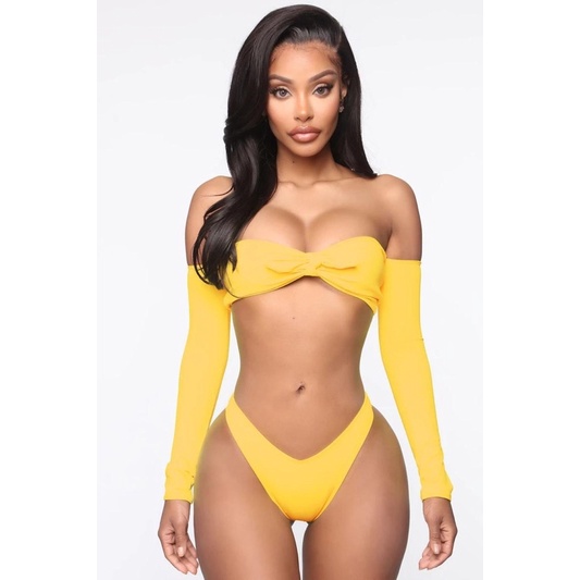 [BKN1093] &lt;ÂU&gt; SET BIKINI VÀNG NƠ NGỰC DÀI TAY