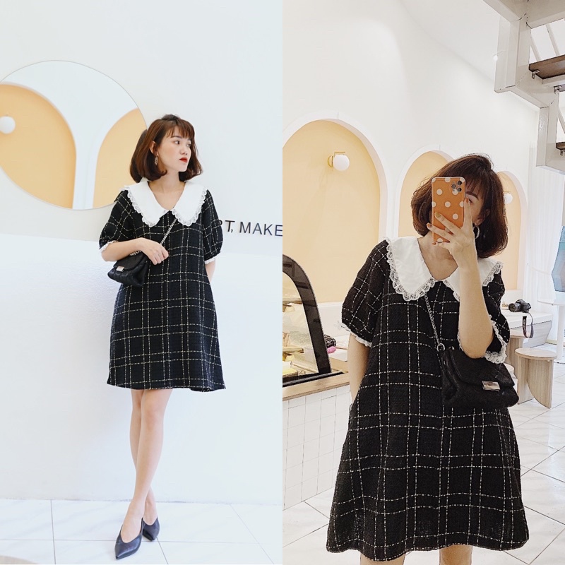 Váy Dạ Kẻ Ô Phối Cổ Trắng Viền Ren Dáng Suông A Dễ Mặc