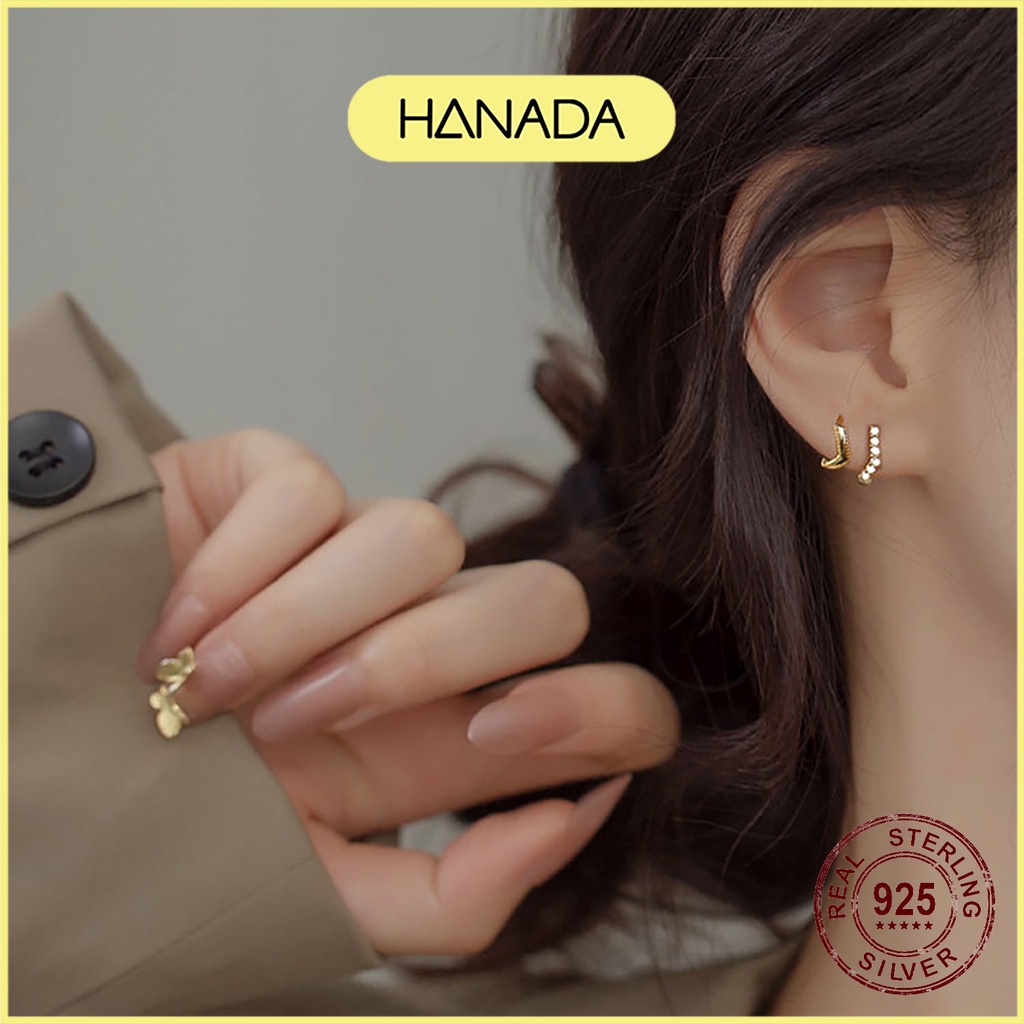 Khuyên Tròn Bạc 925 Hanada Khoen Tai Vòng Tròn Trơn Đá Đeo Vành Tai