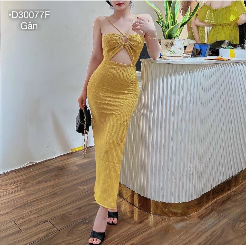 Đầm maxi dự tiệc nữ ,váy body yếm hở bụng xẻ đùi sexy quyến rũ ,thun gân co dãn, màu đen trắng vàng hồng
