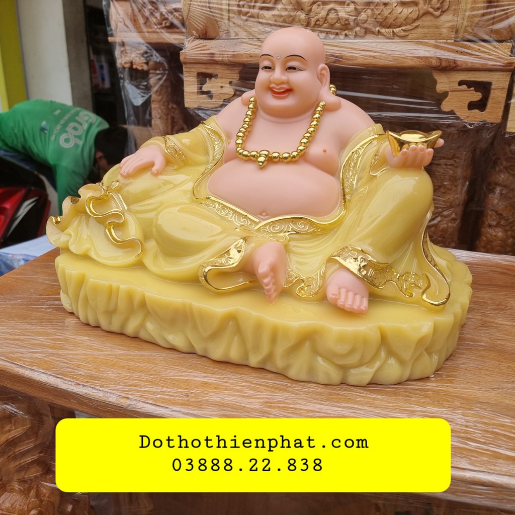 Tượng phật di lặc đá 12in ngang 30cm màu vàng rất đẹp