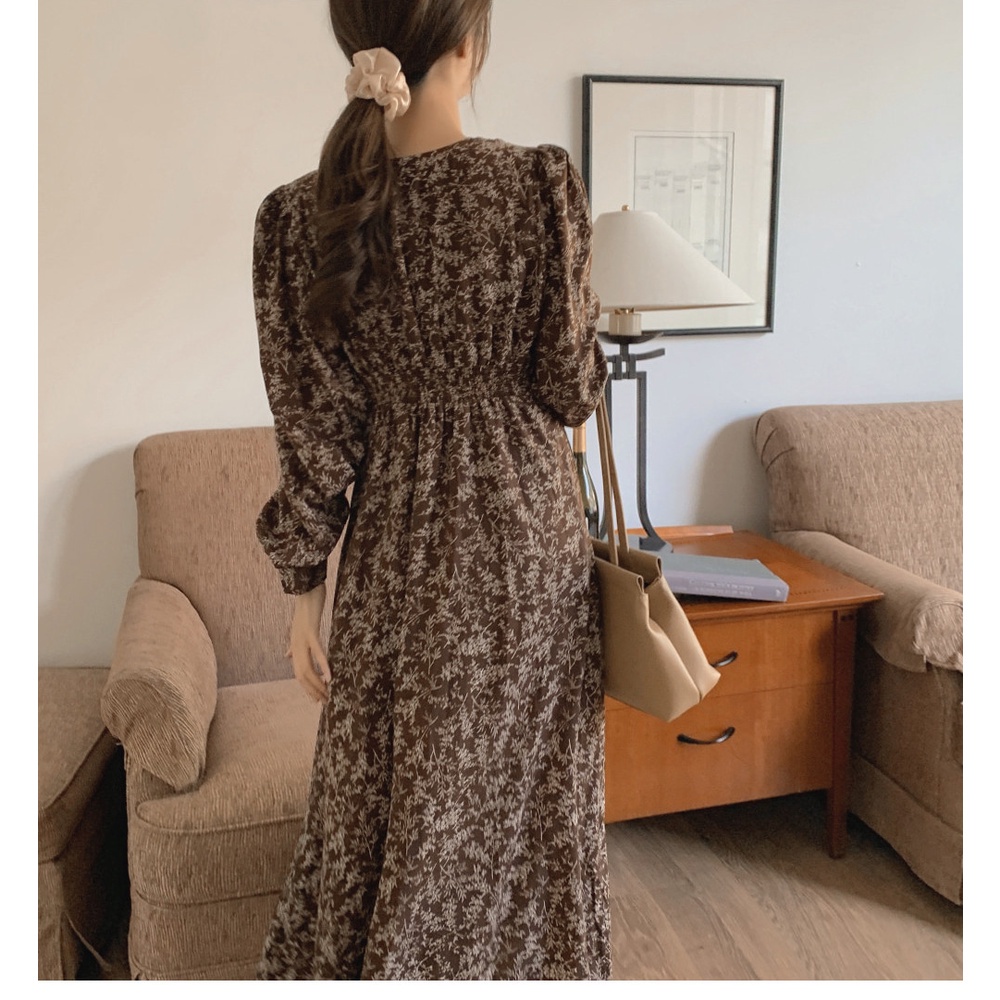 Đầm tay dài cổ chữ v họa tiết hoa phong cách retro 46676