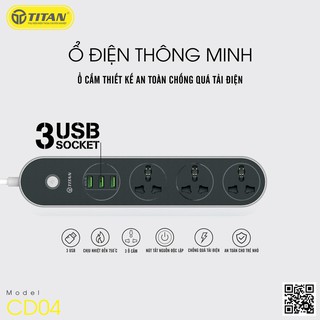 Ổ cắm điện thông minh 3 cổng cắm điện kèm 3 cổng usb titan - cd04