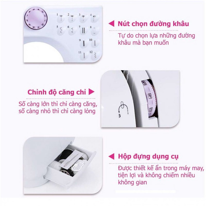 Máy may mini gia đình có vắt sổ UFR, máy khâu mini 12 đường may có vắt sổ, may được vải thun, kèm chân vịt