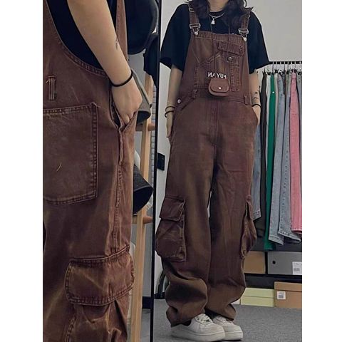 Quần Yếm Denim Ống Rộng Màu Nâu Phong Cách Đường Phố Mỹ Plus Size Cho Nữ