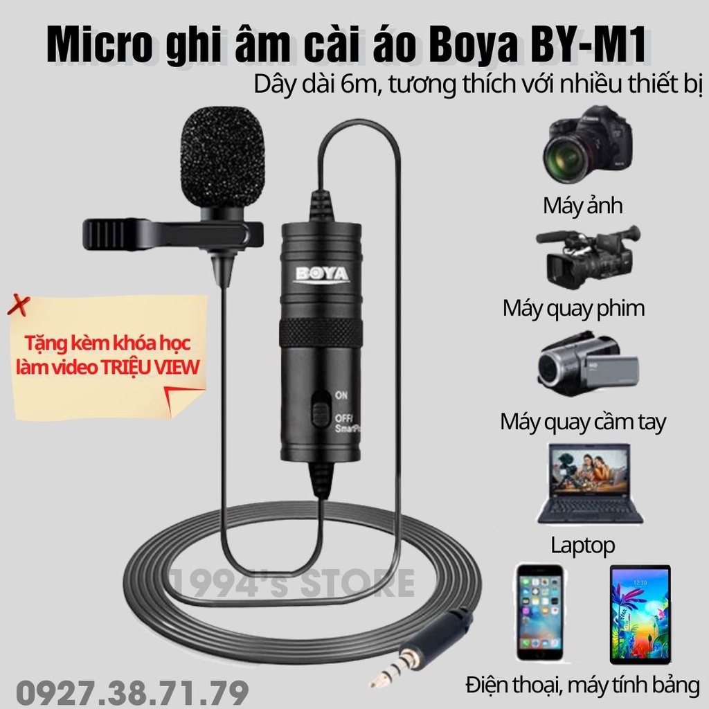 (SẴN) Micro Cài Áo BOYA BY-M1 Ghi Âm Cho Điện Thoại, Máy Quay Phim Chính Hãng - Kèm Pin - Tặng Kèm Khoá Học Làm Video