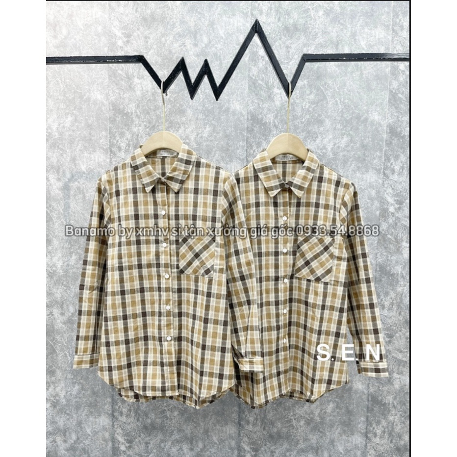 Áo sơ mi nữ dài tay kẻ sọc caro dáng xuông phối túi ngực thời trang Banamo Fashion 3915 | BigBuy360 - bigbuy360.vn