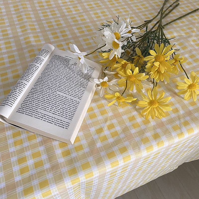 Khăn trải bàn vuông, trải bàn học, bàn ăn, vải lanh, họa tiết kẻ sọc vàng, size 70*70cm, 100*150cm
