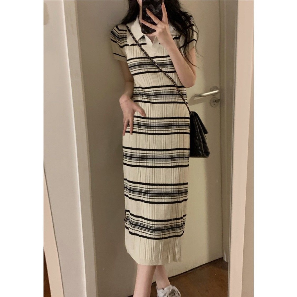Váy dệt kim cổ polo ôm của nữ thời trang hàn quốc Đầm dài dệt kim sọc giản dị nữ