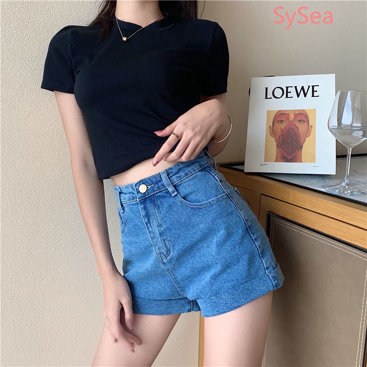 Quần Short Denim Lưng Cao Ống Rộng Phong Cách Retro