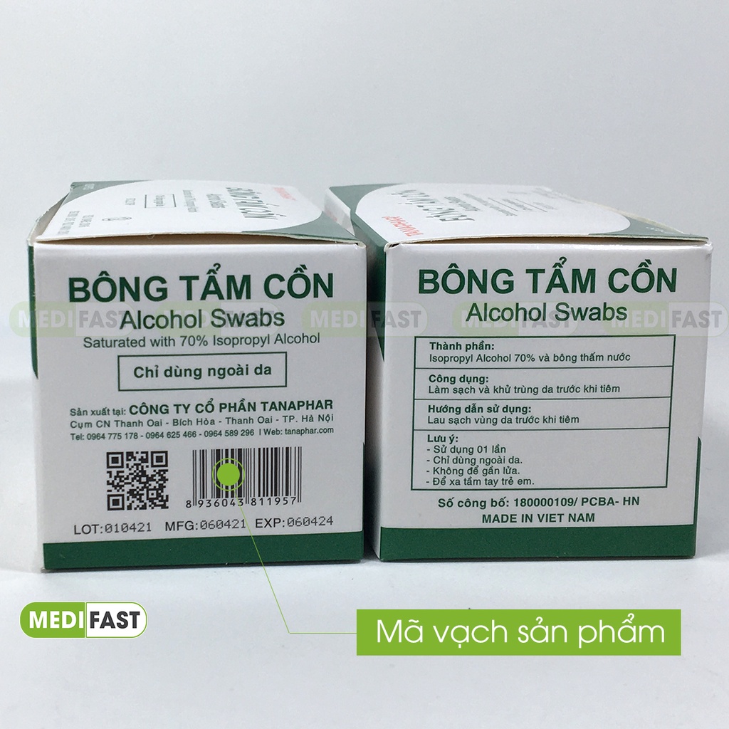 Bông tẩm cồn để sát khuẩn tay nhanh - Tanaphar - Hộp 100 miếng tiện lợi khử khuẩn tay nhanh