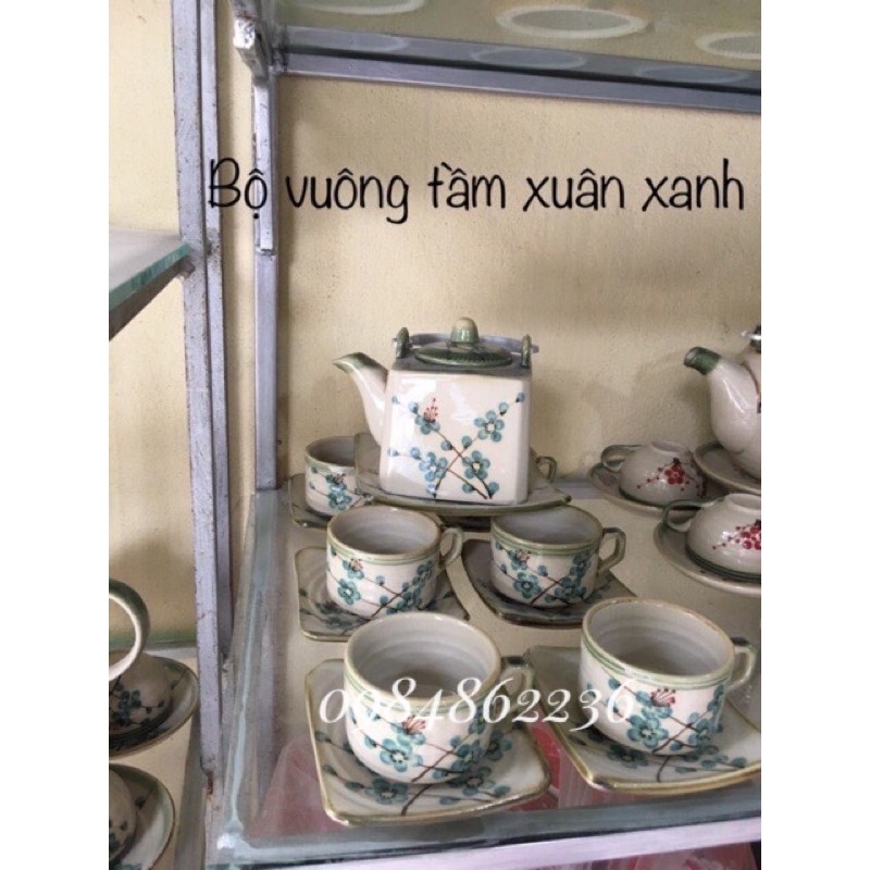 Bộ ấm chén vuông hoa tầm xuân xanh Bát Tràng - Bộ trà Bát Tràng