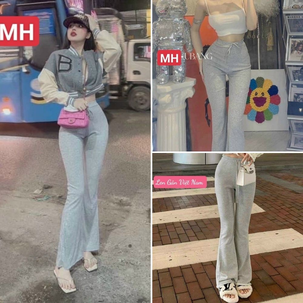 Quần ống loe, quần ống loe lưng cao thắt dây eo chất cotton co dãn SKUQ-10B
