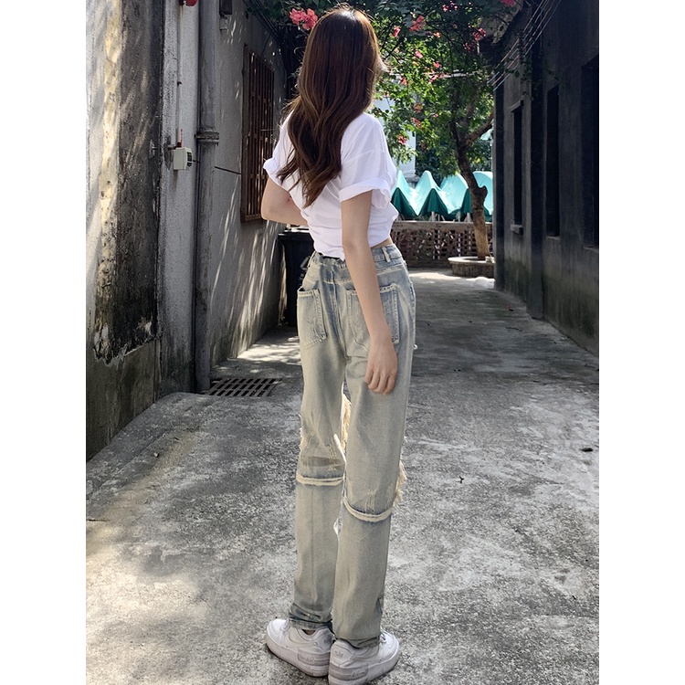 Ethelgirl Quần jeans Nữ Lưng Cao Mài Rách Thời Trang Hàn