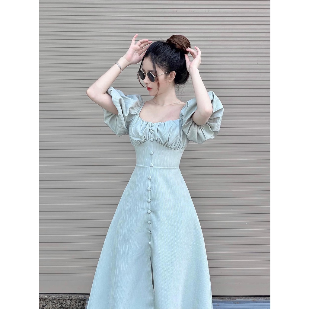 Đầm maxi đi biển tay phồng (Có mút ngực) phối hàng nút sang chảnh đa dạng màu sắc (Đen, Xanh, Nâu, Đỏ).