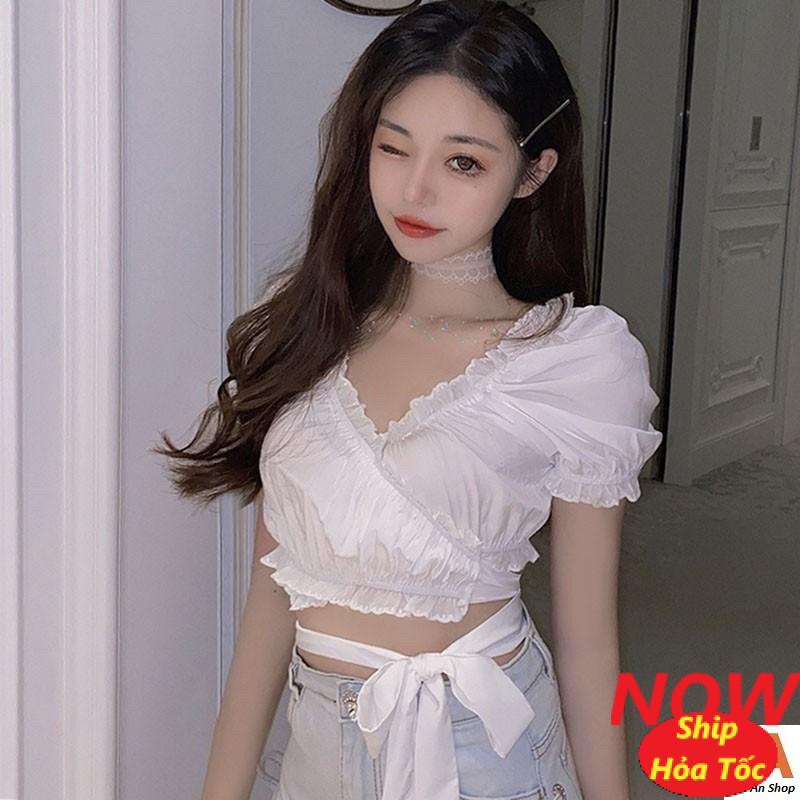 Áo kiểu nữ kate lụa nhún dây cột eo croptop FreeSize dưới 53kg