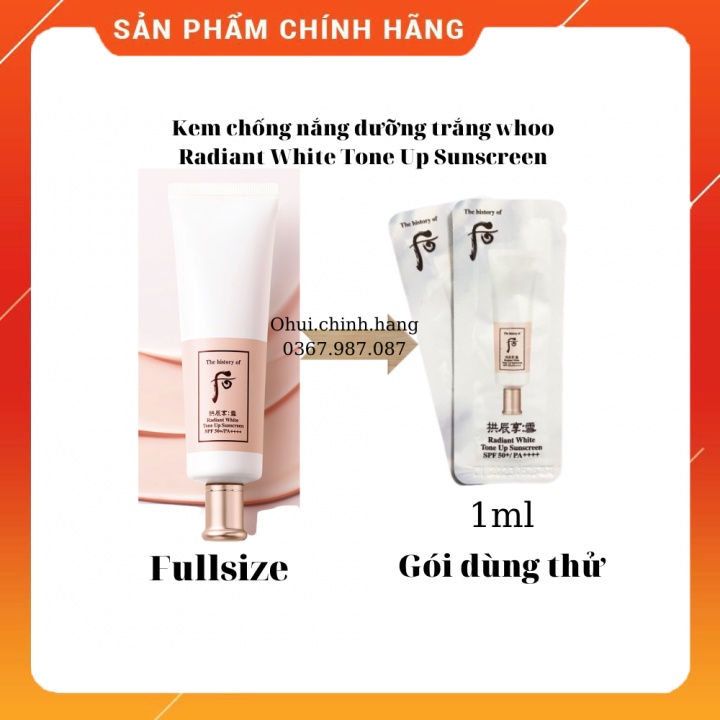 Gói kem chống nắng dưỡng trắng whoo Radiant White Tone Up Sunscreen SPF50+/ PA++++ 1ml_𝐄𝐁𝐈𝐒𝐔 𝐂𝐎𝐒𝐌𝐄𝐓𝐈𝐂𝐒