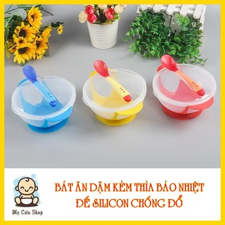 Bát ăn dặm, bát tập ăn kèm thìa báo nhiệt - Đế bát silicon hút chống đổ