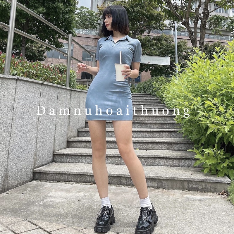 Váy polo ôm body/ Đầm ôm cổ sơ mi dáng ngắn, cộc tay chất gân xịn mịn