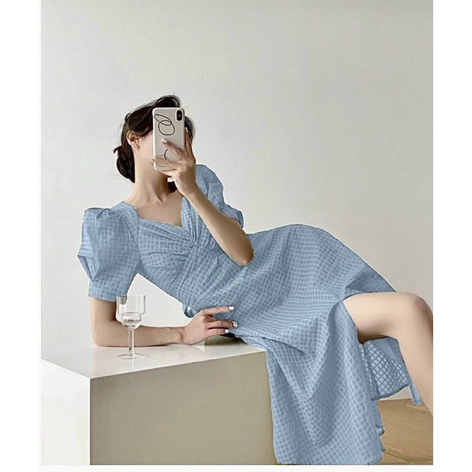 ĐẦM MIDI CỔ NHÍU CHÉO EO THẮT NƠ LƯNG