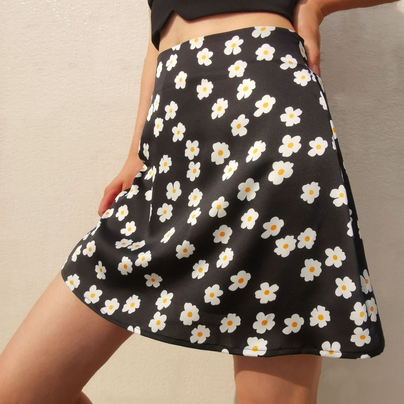 Chân Váy Chữ A Vải Satin Lưng Cao In Họa Tiết Hoa Phong Cách Boho Dành Cho Nữ
