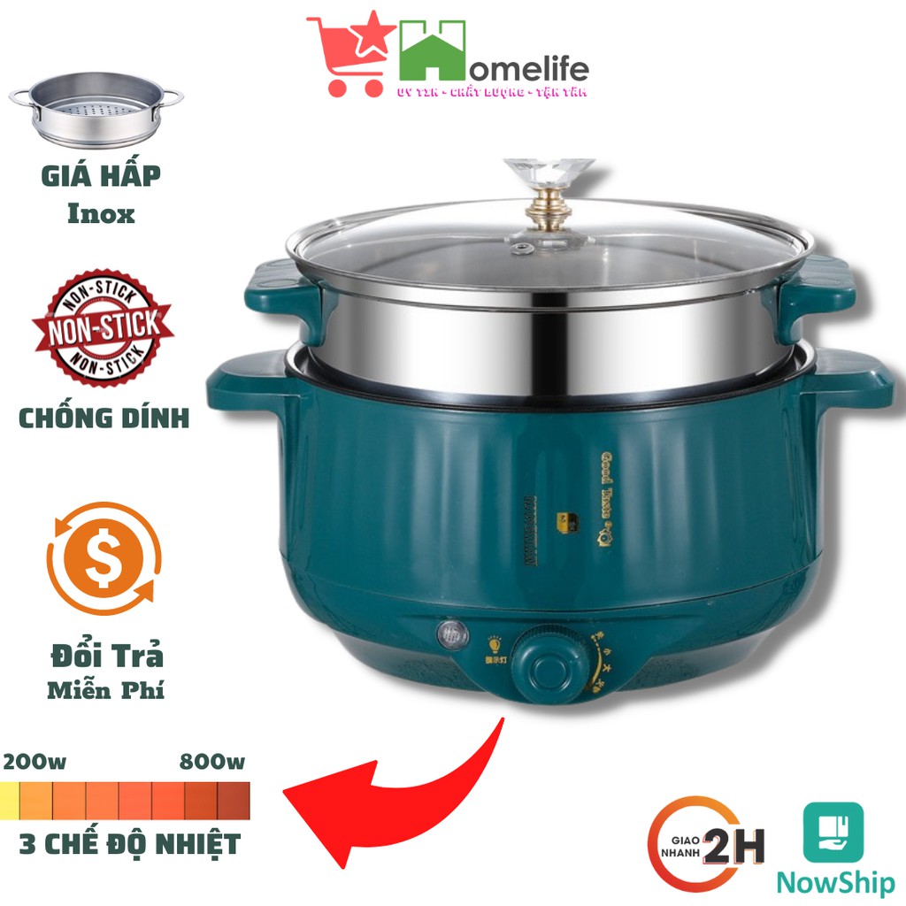 Nồi Lẩu Điện Mini 28cm Núm Xoay 3 Mức Nhiệt , Nồi Nấu Đa Năng Vân Đá Chống Dính Chiên Xào Tiện Lợi