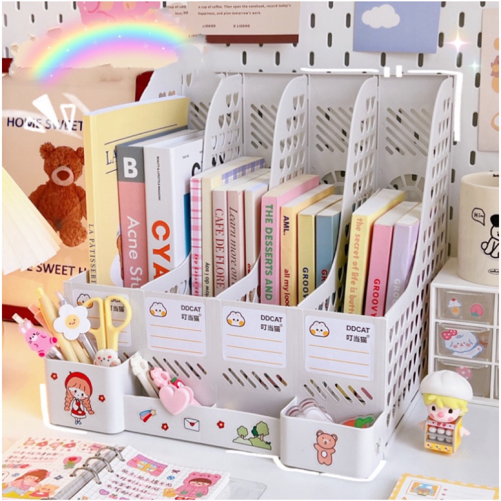 Giỏ đựng sách vở gọn đẹp cute 4 ngăn lớn kèm nhiều ngăn nhỏ để đồ dùng học sinh decor bàn học tiện lợi