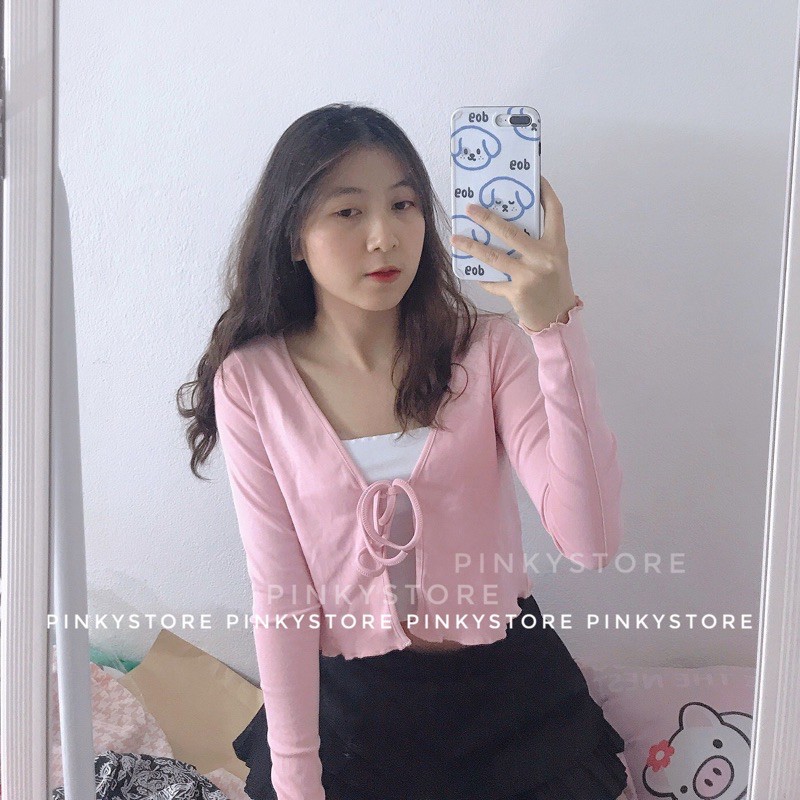 (Chưa kèm áo trong) Áo croptop tay dài cột nơ màu hồng | BigBuy360 - bigbuy360.vn