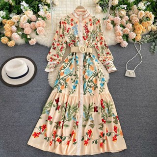 ORDER Đầm hoa dài tay phong cách quý tộc dáng dài