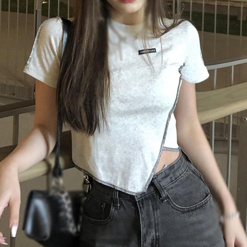 Áo Thun Crop Top Tay Ngắn Cổ Tròn Lệch Tà Kiểu Hàn Quốc Thời Trang Mùa Hè Cho Nữ