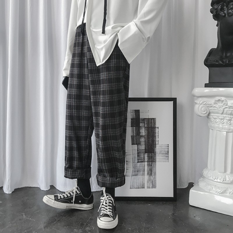 Plaid Casual Pants Men's Korean Style Loose Trend Straight Ins Cropped Trousers