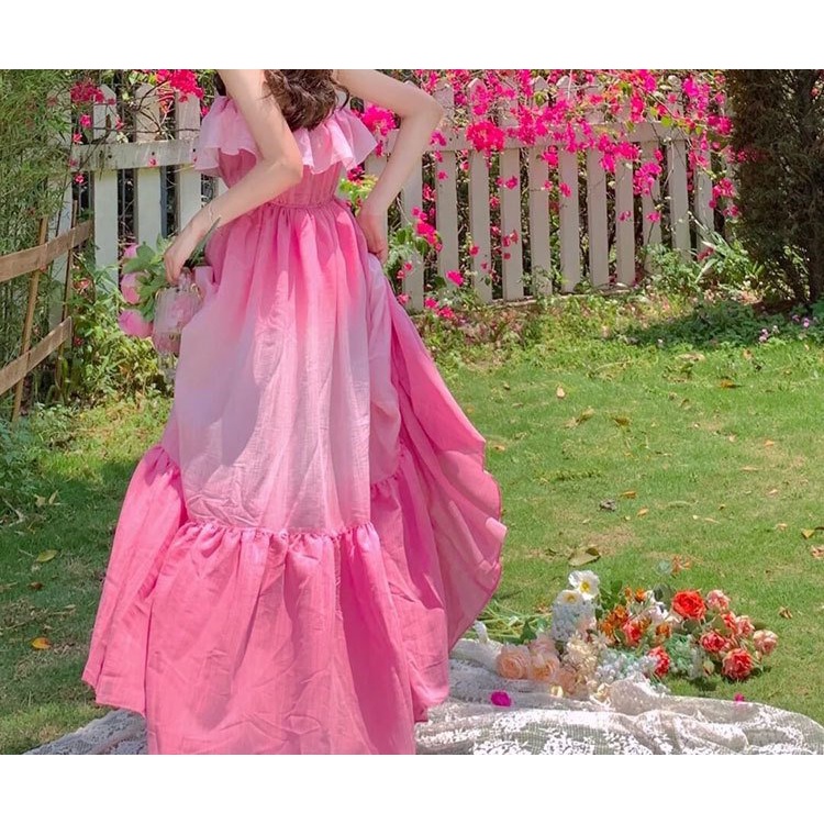 Váy Maxi đi biển nữ trễ vai đẹp dự tiệc đầm váy maxi dáng dài hồng xòe hở lưng kiểu Hàn Quốc thiết kế sang chảnh DK1T3
