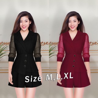 Set nguyên bộ quần giả váy áo rời tay lỡ phối lưới dây kéo lưng xinh xắn J1127